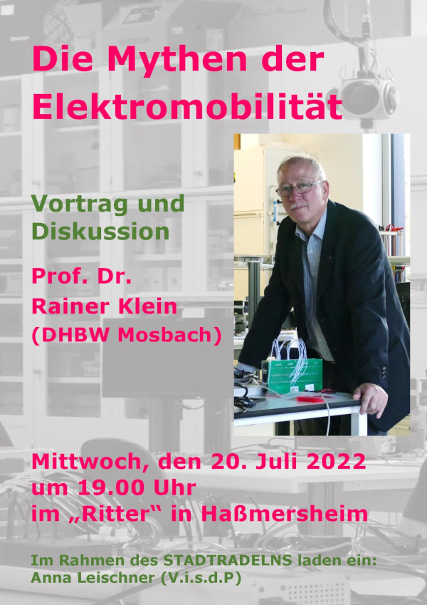 Die Mythen der Elektromobilität: Rainer Klein (DHBW Mosbach) am 20. Juli in Haßmersheim